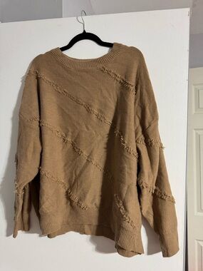 SHEIN Camel Fringe Diagonal Crewneck Sweater